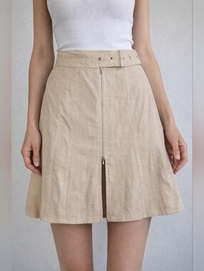 Lida Baday 100% Linen Skirt Size 10 Beige A-Line Belted Mini Skirt